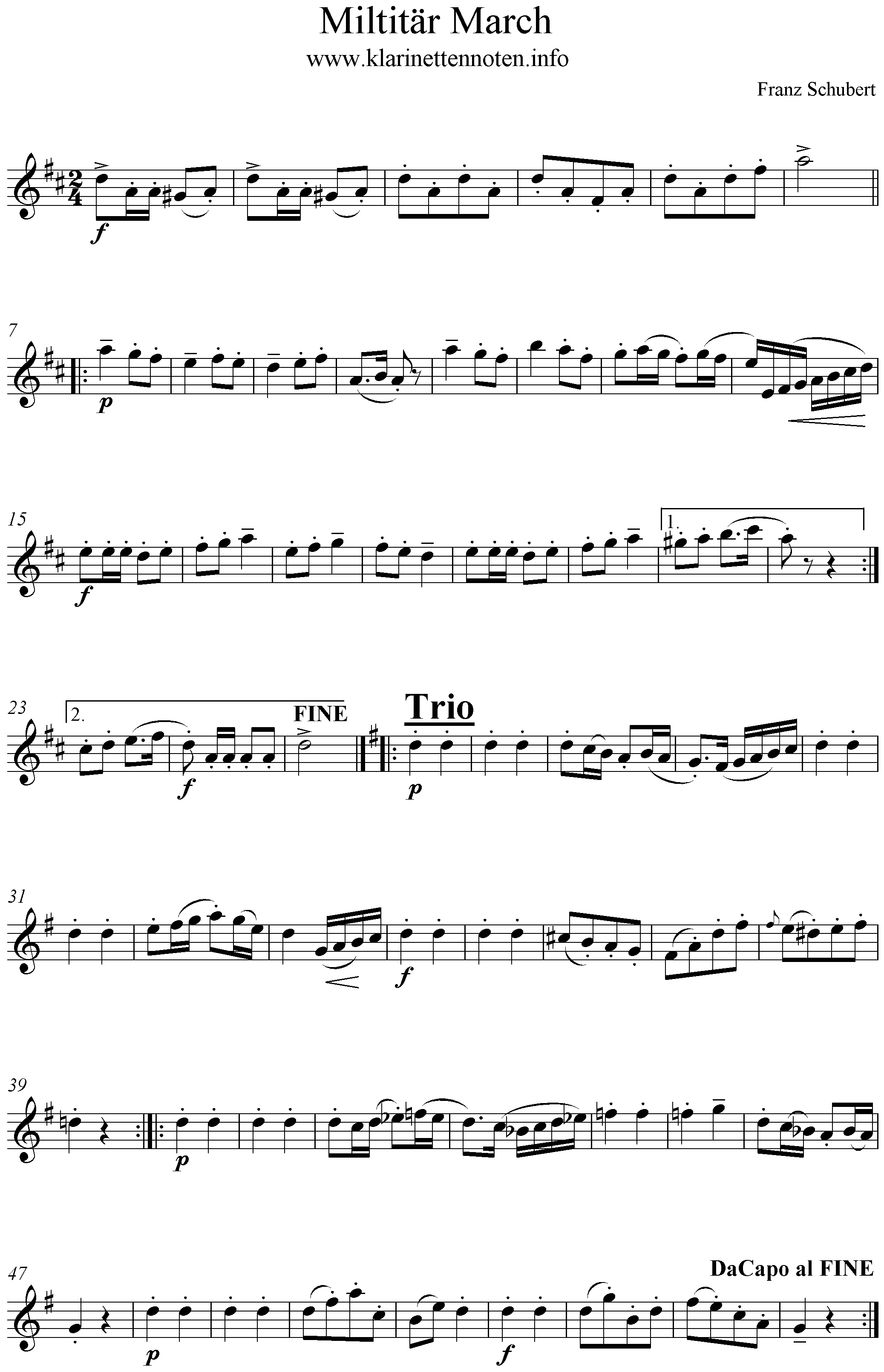 Noten Militärmarsch No1, Schubert, D-Dur